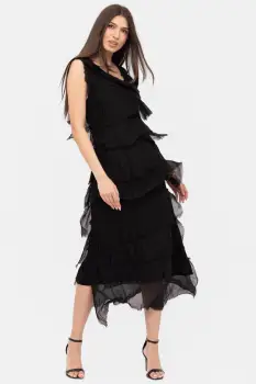 Rochie neagra din matase naturala cu volane franjurate suprapuse, fara maneci imagine