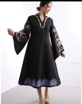 Rochie neagra din poplin de bumbac, cu maneci ample si broderie imagine