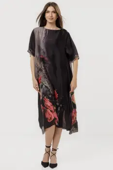 Rochie neagra eleganta satinata A-line cu croiala lejera si imprimeu trandafiri stilizati imagine