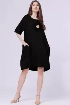Rochie neagra midi din in cu floare din paiete mate pe piept imagine