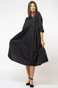 Rochie neagra oversize, cu maneca scurta, cu trei volane asimetrice, din poplin satinat imagine