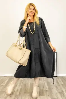 Rochie oversize A-line, din catifea reiata cu snur in partea de jos, gri imagine