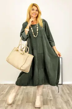 Rochie oversize A-line, din catifea reiata cu snur in partea de jos, kaki imagine