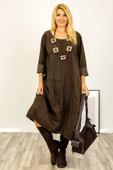 Rochie oversize A-line, din catifea reiata cu snur in partea de jos, maro imagine