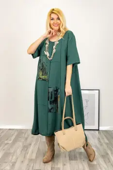 Rochie oversize A-line, din in cu snur in partea de jos, verde forest imagine