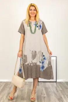 Rochie oversize din in cu imprimeu abstract pe fond bej imagine