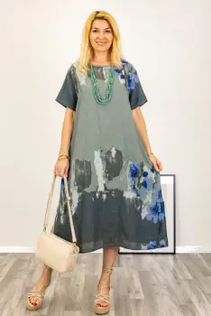 Rochie oversize din in cu imprimeu abstract pe fond kaki imagine