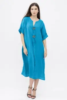 Rochie oversize din in, cu nasturi pe piept, albastru azur imagine