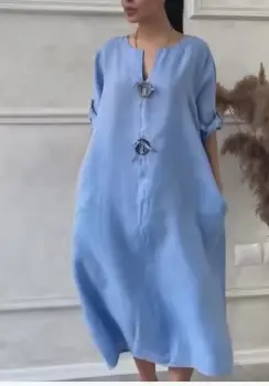 Rochie oversize din in, cu nasturi pe piept, albastru deschis imagine