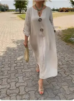 Rochie oversize din in, cu nasturi pe piept, bej imagine