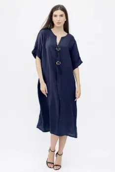 Rochie oversize din in, cu nasturi pe piept, bleumarin imagine
