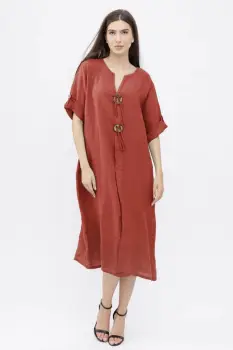 Rochie oversize din in, cu nasturi pe piept, caramizie imagine