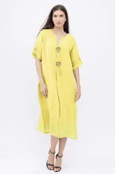 Rochie oversize din in, cu nasturi pe piept, galben pai imagine