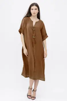 Rochie oversize din in, cu nasturi pe piept, maro imagine