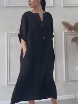 Rochie oversize din in, cu nasturi pe piept, neagra imagine