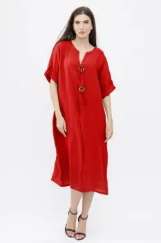 Rochie oversize din in, cu nasturi pe piept, rosie imagine