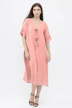 Rochie oversize din in, cu nasturi pe piept, roz imagine