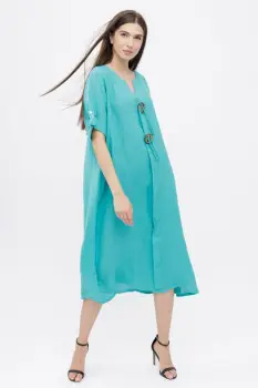 Rochie oversize din in, cu nasturi pe piept, turcoaz imagine