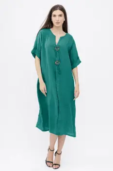 Rochie oversize din in, cu nasturi pe piept, turcoaz inchis imagine