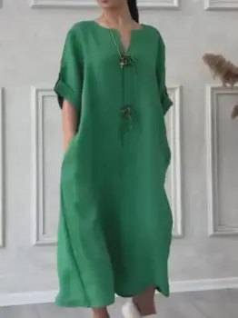 Rochie oversize din in, cu nasturi pe piept, verde imagine