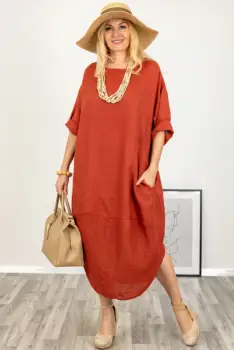 Rochie oversize lalea cu crapatura rotunjita, din in, caramizie imagine