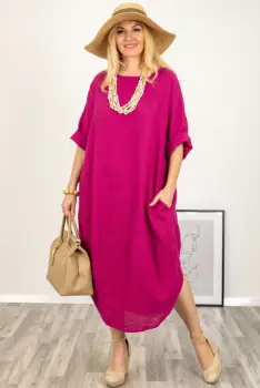 Rochie oversize lalea cu crapatura rotunjita, din in, magenta imagine