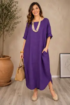 Rochie oversize lalea cu crapatura rotunjita, din in, mov imagine