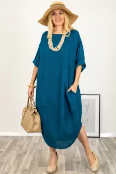 Rochie oversize lalea cu crapatura rotunjita, din in, turcoaz inchis imagine