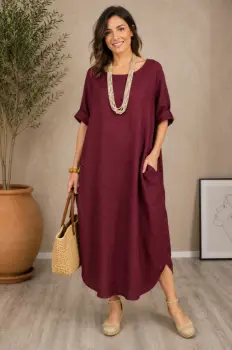 Rochie oversize lalea cu crapatura rotunjita, din in visinie imagine