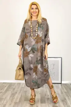 Rochie oversize lalea , din in bej inchis cu imprimeu floral imagine