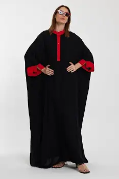 Rochie oversize rosu-negru cu broderie decorativa pe spate, din vascoza imagine