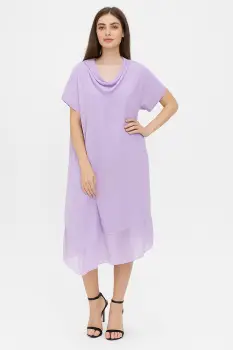 Rochie oversize usor asimetrica A-line, din in cu guler si volan din matase, lila imagine