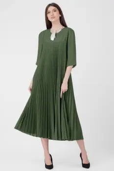 Rochie plisata A-line cu maneci trei sferturi, material fin si usor creponat, kaki imagine