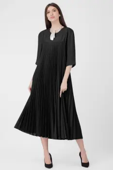 Rochie plisata A-line cu maneci trei sferturi, material fin si usor creponat, neagra imagine