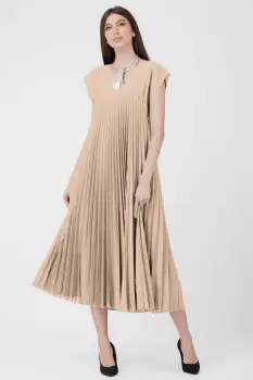 Rochie plisata A-line lunga, material fin si usor creponat, bej imagine