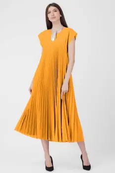 Rochie plisata A-line lunga, material fin si usor creponat, galben turmeric imagine