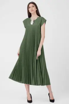 Rochie plisata A-line lunga, material fin si usor creponat, kaki imagine