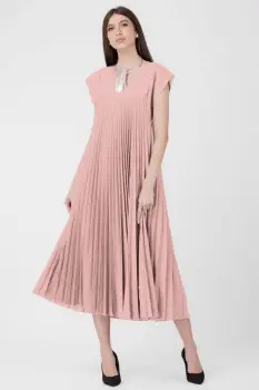 Rochie plisata A-line lunga, material fin si usor creponat, roz prafuit imagine