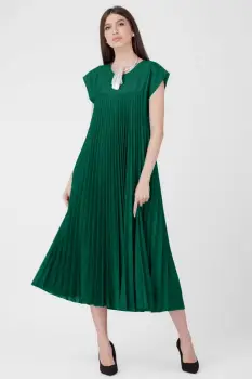 Rochie plisata A-line lunga, material fin si usor creponat, verde inchis imagine