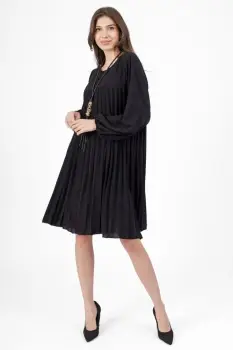 Rochie plisata midi, A-line cu maneca lunga cu elastic, neagra imagine