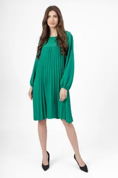 Rochie plisata midi, A-line cu maneca lunga cu elastic, verde imagine