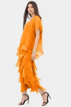 Rochie portocaliu deschis din matase naturala cu volane franjurate suprapuse imagine