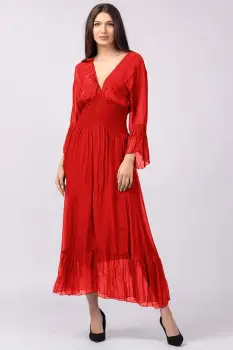 Rochie rosie din matase naturala cu banda elastica in talie si volane imagine