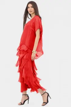 Rochie rosie din matase naturala cu volane franjurate suprapuse imagine