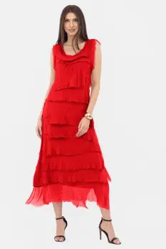 Rochie rosie din matase naturala cu volane franjurate suprapuse, fara maneci imagine