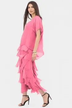 Rochie roz din matase naturala cu volane franjurate suprapuse imagine