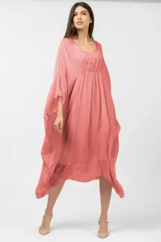 Rochie roz somon in colturi, lunga, ampla, din matase naturala, cu detaliu sub bust imagine