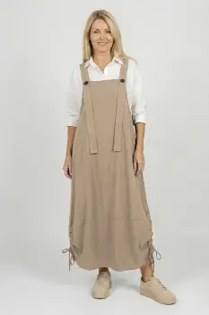 Rochie sarafan lunga cu bretele si snur reglabil, din jerseu de bumbac, bej imagine