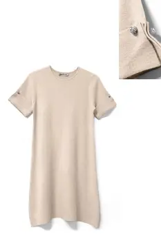 Rochie scurta A-line tricotata, cu maneca scurta si nasture decorativ, bej imagine