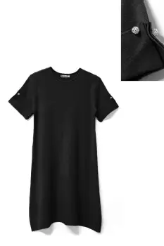 Rochie scurta A-line tricotata, cu maneca scurta si nasture decorativ, neagra imagine